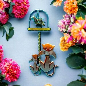 Vintage Cat & Swinging Bird in Cage Brooch Artisan Copper Brass Pin